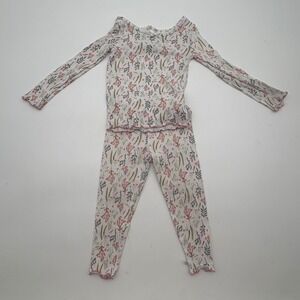 Btween Baby Floral Ribbed Pajama Set 24M White‎ Pink Lettuce Trim Snug Fit 2pc